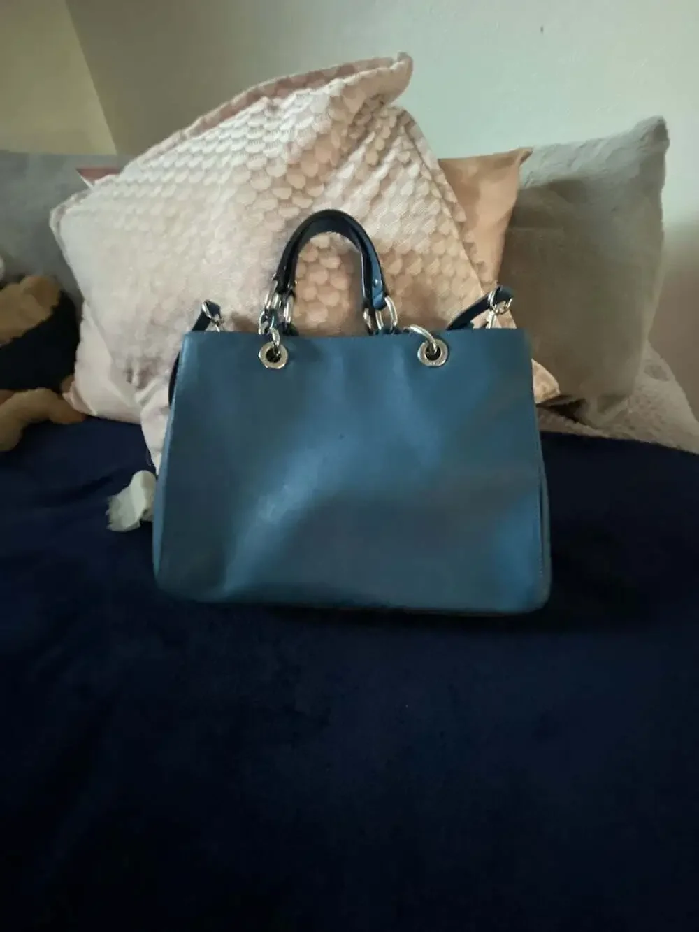 Michael Kors Cynthia Medium Satchel Handbag Blue Saffiano Leather